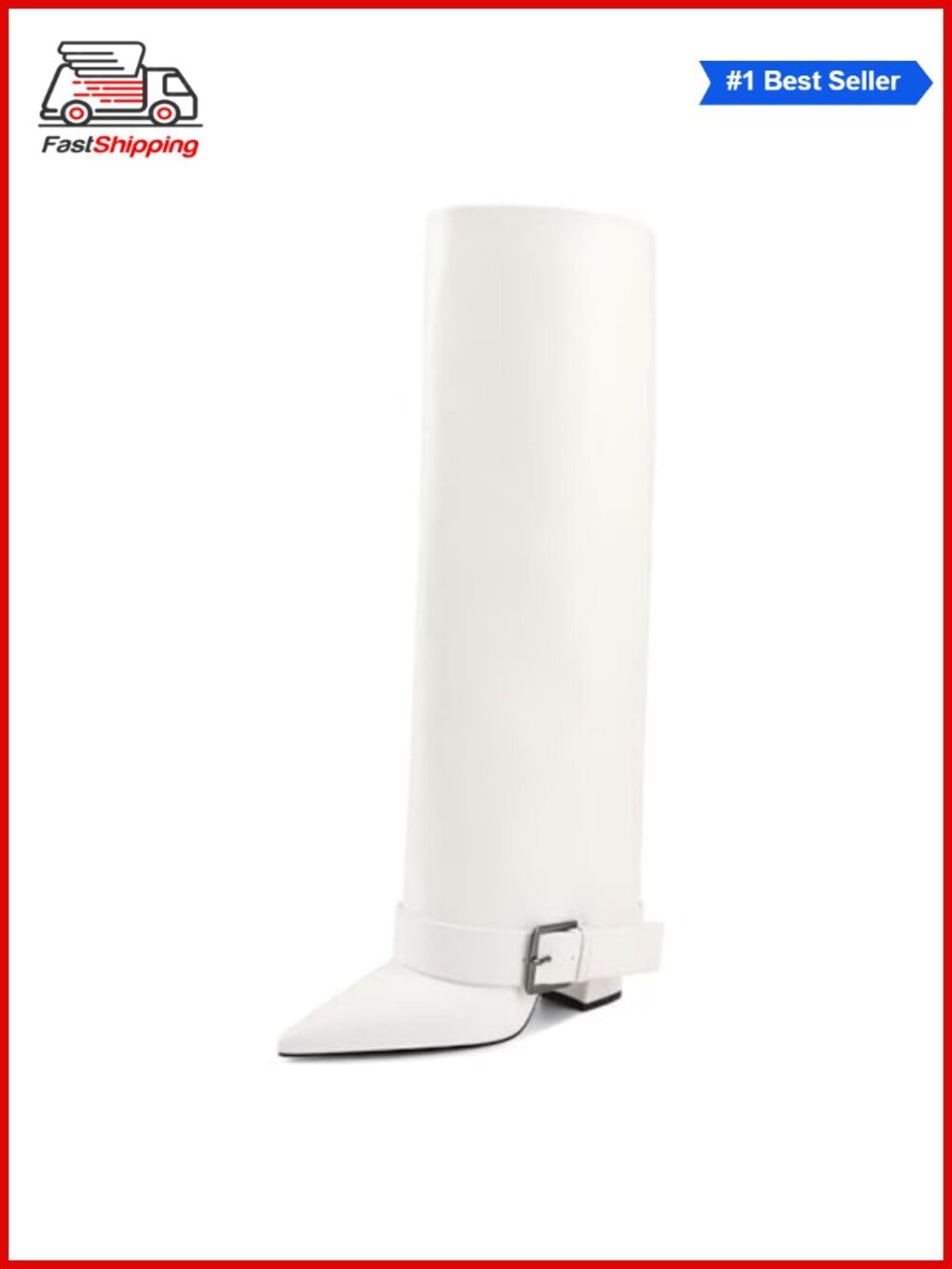 ✨ Knee High Boots Women Fold Over Chunky High Heel Wide Calf Pointed Toe Belt
